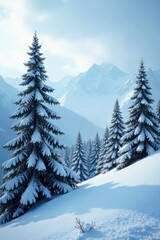 Fototapeta premium Spruce trees covered in snow create a serene and peaceful atmosphere on a mountain slope, peaceful, forest