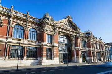 Naklejka premium Historic cultural center in a vibrant city featuring classical architecture and intricate details against a clear blue sky
