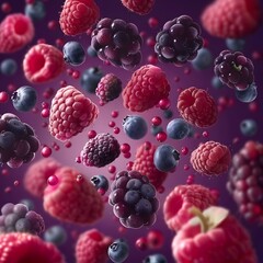 Floating Berries on a Radiant Purple Background with Soft, Diffused Lighting Highlighting the Sheen...