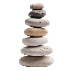 A serene stack of smooth stones balanced perfectly, symbolizing harmony and tranquility against a plain background