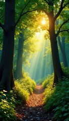 Fototapeta premium Sunlit forest path with ancient trees and undergrowth, forest, foliage, sunlight