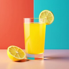 Vivid Yellow Cocktail Glass with Fresh Lemon – Creative Composition on Colorful Background