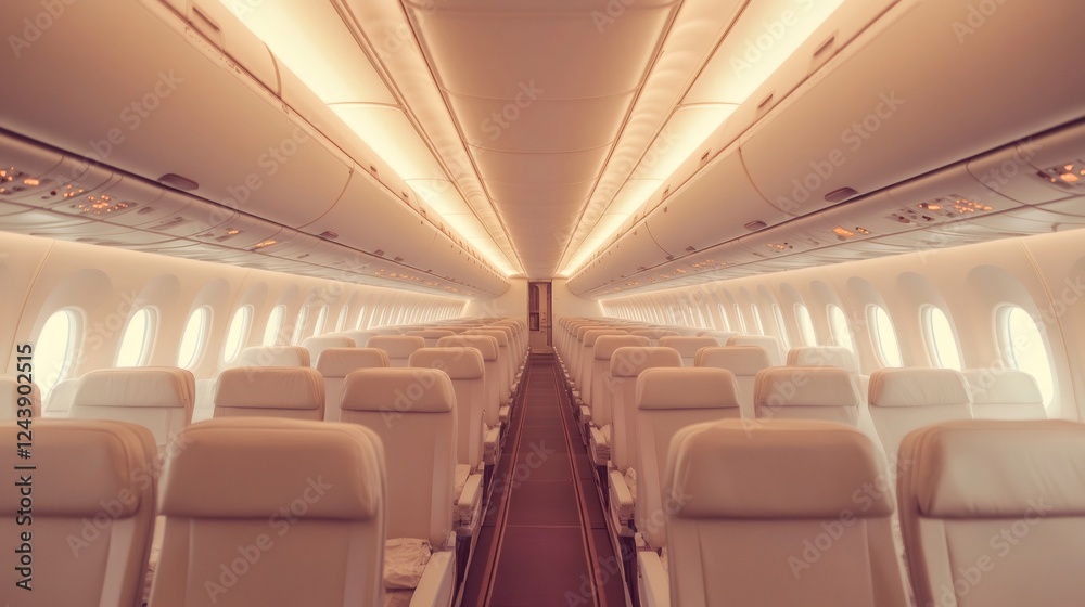 Aufkleber Rows of empty beige seats lining the aisle of a contemporary airplane cabin, softly illuminated by warm lighting, create a serene atmosphere with small round windows enhancing the modern design
