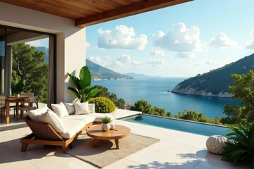 Fototapeta premium Terraza con vistas al mar desde la azotea alta, vistas panor?micas, decoraci?n exterior, paisajes