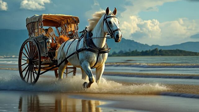 White horse pulling a cart along a sandy beach at sunset