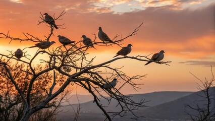 Fototapeta premium Turtledoves roosting on the twigs of an almond tree at sunset, nature, almond tree, turtledove