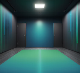 New blue geometric interior with mock up place on walls. Exhibition, gallery and layout concept.office interior room. blurry working space with defocused effect.generative ai