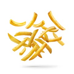 Dynamically Floating Premium Golden French Fries on a White Background