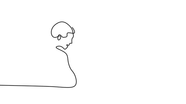 Continuous one single line drawing animation of reporter female journalist. A professional women journalist interviewing a businessman to explain his business strategy in pandemic COVID-19. Animation