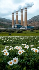 Obraz premium Industrial facility surrounded by vibrant wildflowers against a mountainous backdrop with smokestacks releasing steam