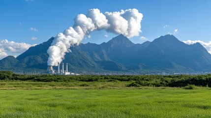 Smoke billowing from power plant against majestic mountains under clear sky in Monterrey region during daytime