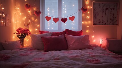 Love themed room decor Romantic bedroom decor, pink and red pillows, heart garlands, fairy lights, cozy atmosphere