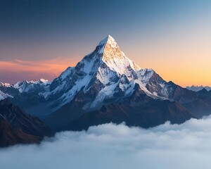 Obraz premium Majestic snowcapped mountain peaks under a vibrant sunrise, with mist rolling through deep valleys, cinematic landscape photography