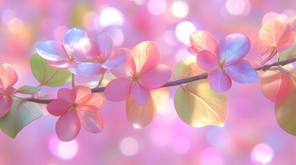 Delicate Pink Flowers Branch Soft Bokeh Background