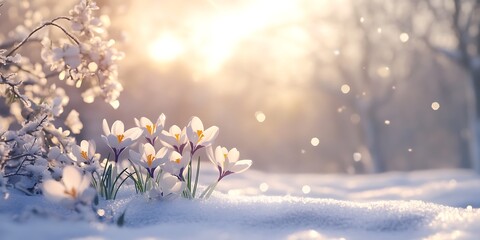 A delicate crocus flower, pushing the melting snow, symbolizes hope, renewal and the arrival of new life at the dawn of spring.