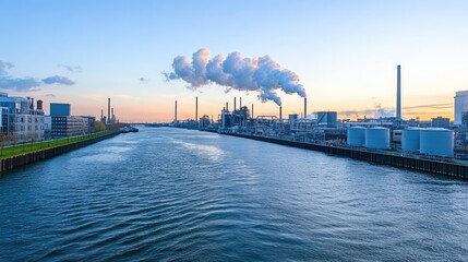 Fototapeta premium Industrial landscape along a river at sunset with smoke stacks and water reflections in an urban area