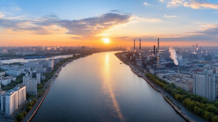 Expansive view of a city skyline with smokestacks and a river at sunset showcasing urban activity and natural beauty