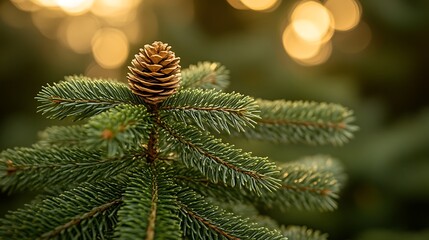 Golden Pine Cone Atop Evergreen Branches