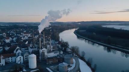 Industrial facility releasing smoke near river during early morning in a quiet town surrounded by nature