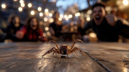 april fools day pranks, friends happily joke on april fools day, one holding a fake spider as another freaks out, inside a cozy cafe