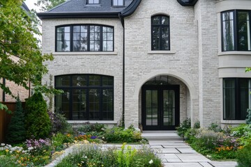 Naklejka premium A stunning stone house featuring expansive windows and a lively flower garden, prominently situated in a picturesque suburban neighborhood, bathed in the warm glow of daylight