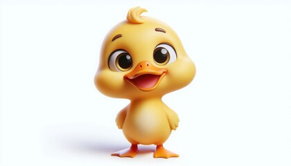 Adorable baby yellow duck standing on white background with big eyes looking forward perfect for children books and nursery prints