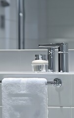 A gleaming bathroom with sparkling fixtures, focusing on hygiene and purity