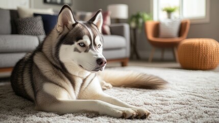 Fototapeta premium Friendly Siberian Husky Resting Comfortably in Cozy Indoor Living Space with Modern Decor
