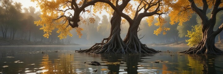 Vines and branches of a tree grow into the surface of an old lake causing its surface to become turbulent, aquatic life, wilderness, distorted water