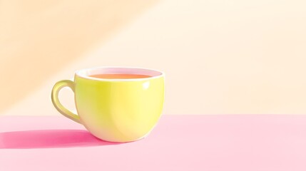 Bright yellow cup of tea on a pastel pink and cream background