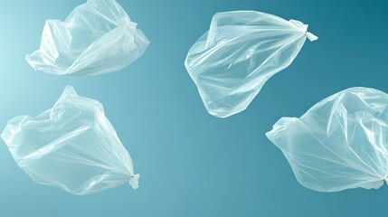 Fototapeta premium Transparent plastic bags floating against a blue background create a striking visual of waste and pollution concerns