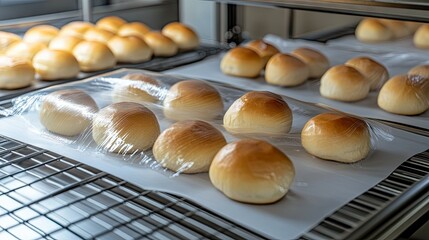 Freshly baked bread rolls resting on trays in a modern bakery during the late morning hours, ready for customers