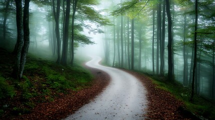 Obraz premium A misty woodland path winding through a dense forest, with the trees shrouded in fog and the ground covered in leaves 
