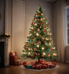 Christmas tree decorated with ornaments and lights, wreaths, presents, lights