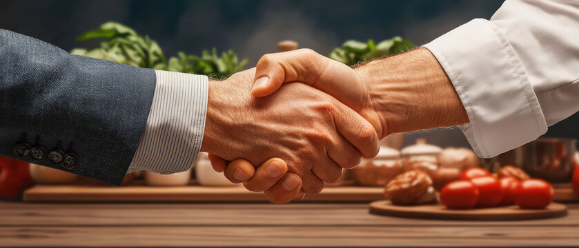 handshake between businessman and chef symbolizes partnership and collaboration in culinary industry - Powered by Adobe
