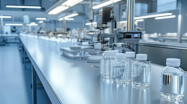 Bottles filled with clear liquid lined up on a bright laboratory countertop during a busy workday in a modern facility