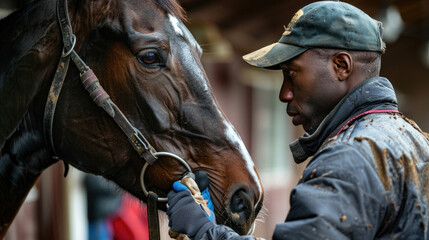 Fototapeta premium Close-Up of a Horse and Trainer in a Stable Setting, Capturing the Bond Between Human and Animal in an Equestrian Environment