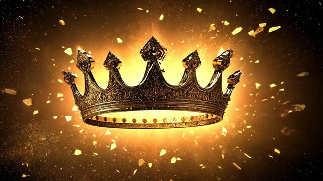 Golden crown explodes into radiant shards in glowing burst