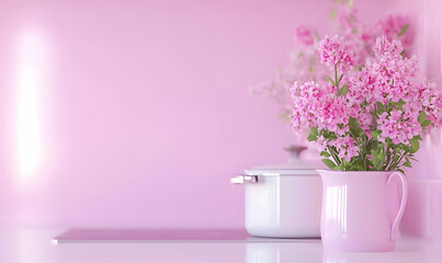 Fototapeta premium Fresh Pink Flowers in Elegant Kitchen with Soft Blush Background