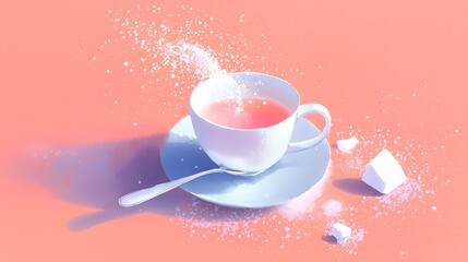 Cup of pink tea with sugar sprinkles on a pastel background