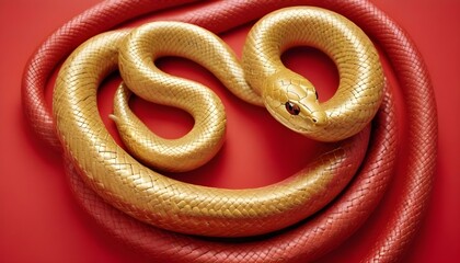 Obraz premium Una serpiente dorada enrollada sobre un fondo rojo