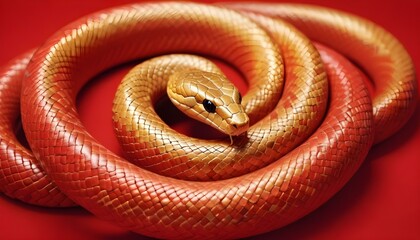 Obraz premium Una serpiente dorada enrollada sobre un fondo rojo