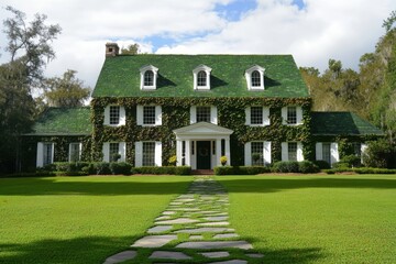 Fototapeta premium Nestled in a serene environment, this elegant mansion boasts a stunning green roof and is beautifully encircled by lush, manicured landscaping under the warm rays of the sun