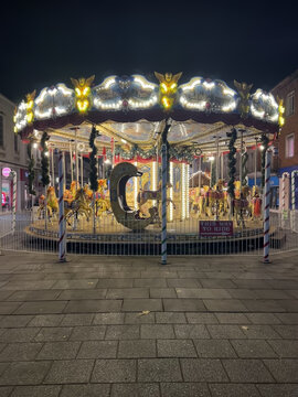 December 8, 2022 - SOUTHAMPTON, ENGLAND: Vintage Carousel, merry go round, at Christmas fun fair in Southampton.