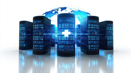 Global network of interconnected servers, data packets flowing between nodes, world map overlay, digital blue glow, Isolated on pure white. 