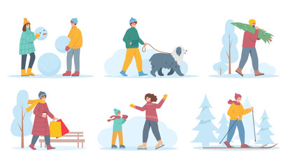 Naklejka premium Happy people in warm clothes in winter. Snowy winter season outdoor activity. Male and female Characters set. Vector icons illustration isolated on white background.