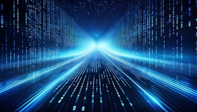 blue binary code background with glowing lights and data flowing technology concept