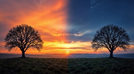 Fototapeta premium Symmetrical landscape depicting artistic balance between day and night