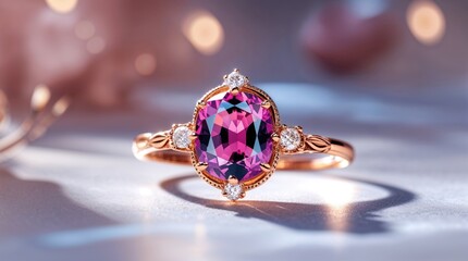 A stunning rose gold ring featuring a vibrant pink gemstone, accented by smaller diamonds. The intricate detailing and soft lighting create an elegant and luxurious feel.