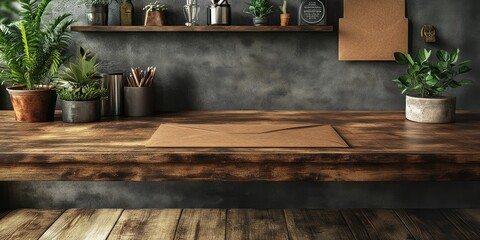 Rustic Wooden Desk with Envelope Mockup, Industrial Interior Design